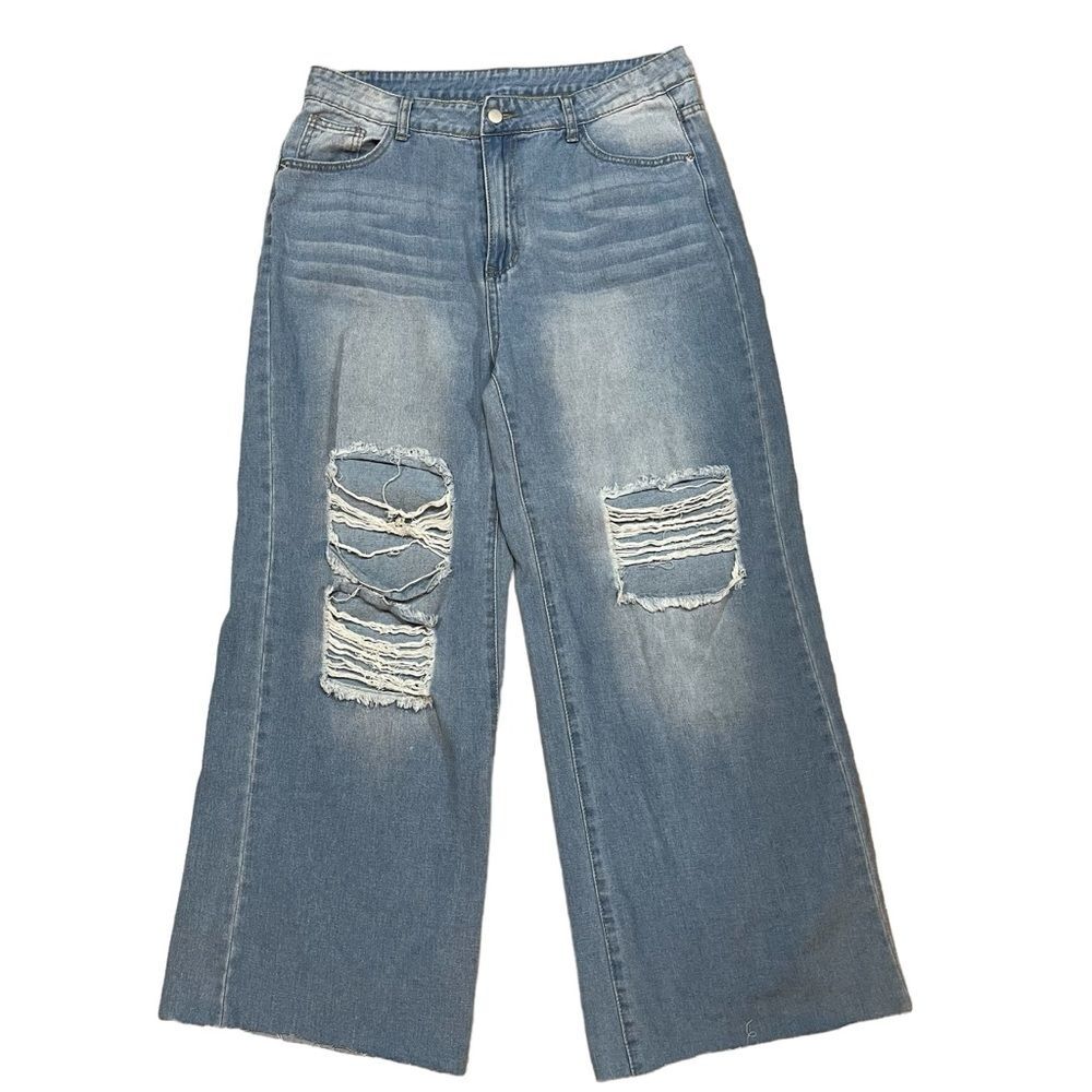 Shein Distressed Wide Leg Jeans Light Wash Blue Denim Cut Hems Ripped Thrashed